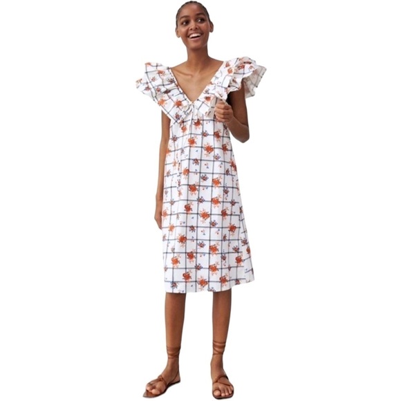 Zara CottageCore Mixed Print Floral Grid Ruffle Sleeve Midi Dress Size S… - Picture 4 of 8